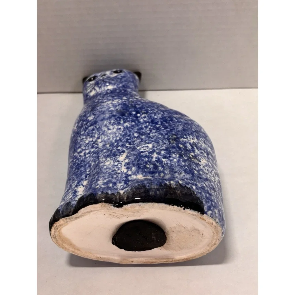 Cat Kitty Vintage Sponged‎ Painted Blue and White Coin Bank 9